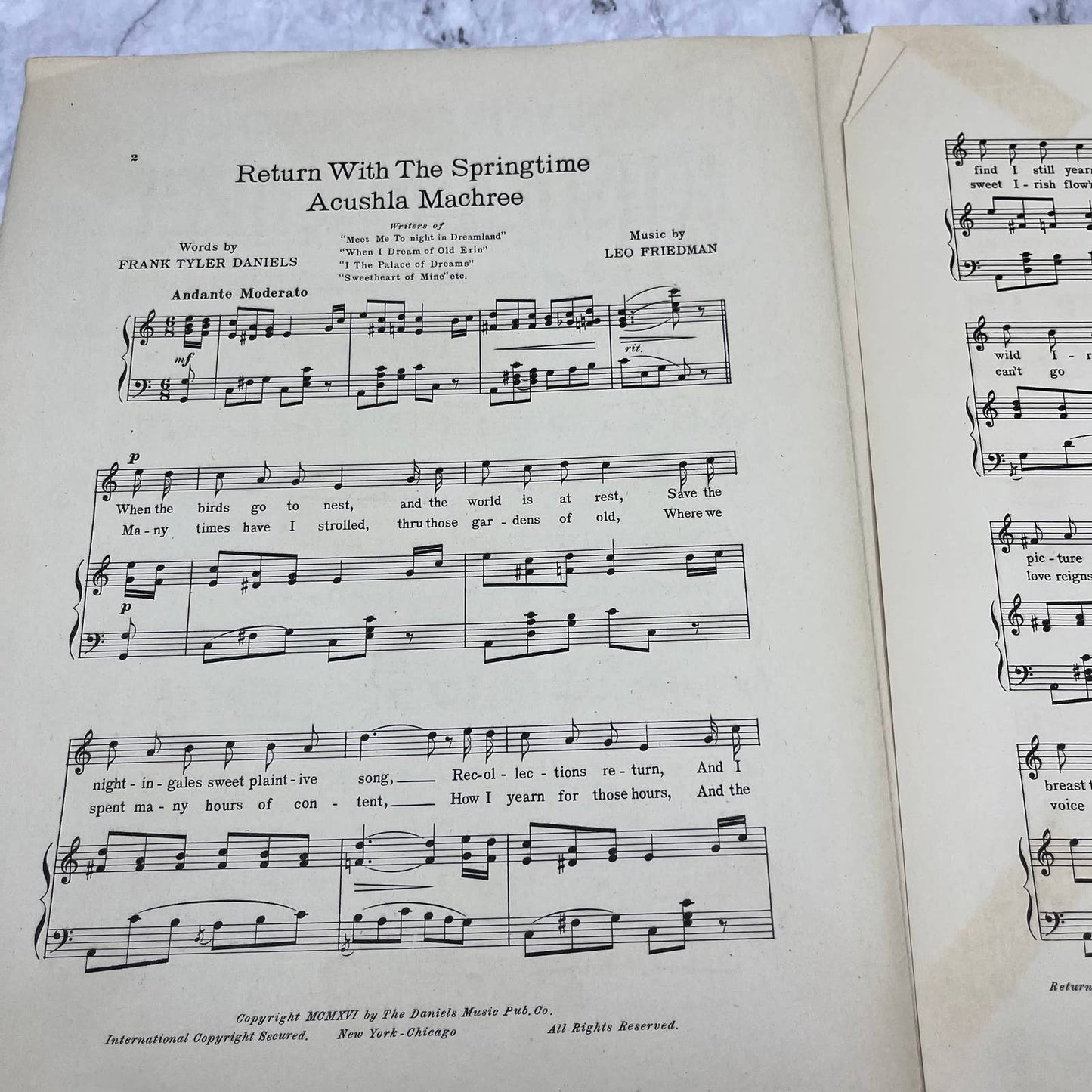 Antique Sheet Music Return the Springtime Acushla Machree 1916 Art Nouveau TH5