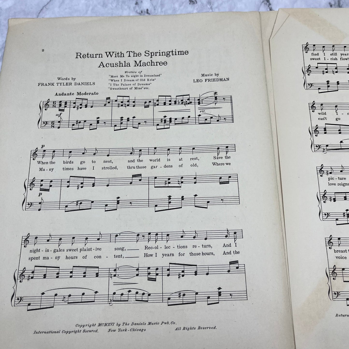 Antique Sheet Music Return the Springtime Acushla Machree 1916 Art Nouveau V38