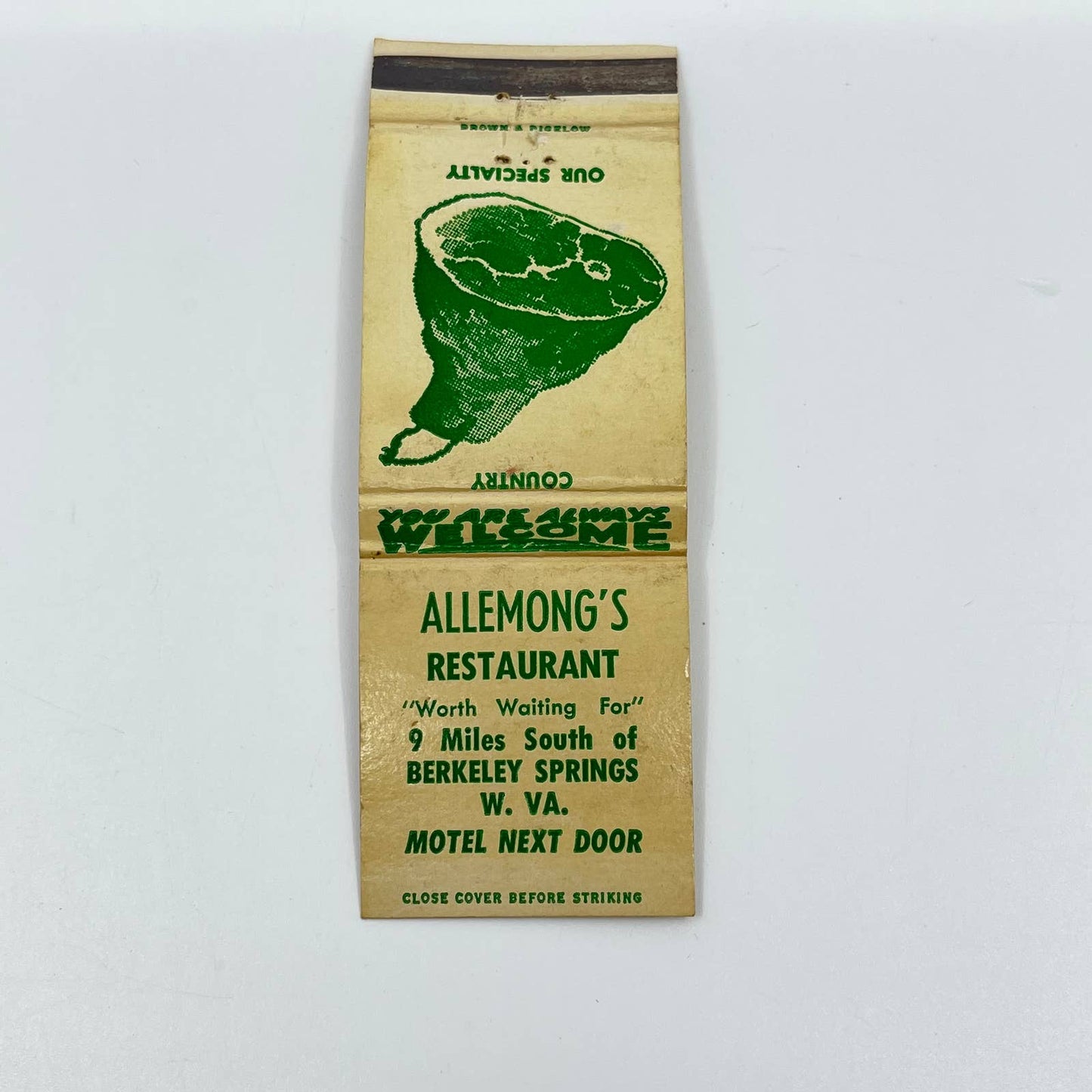 Vintage Matchbook Cover Allemong’s Restaurant W. VA Berkeley Springs WV SC6