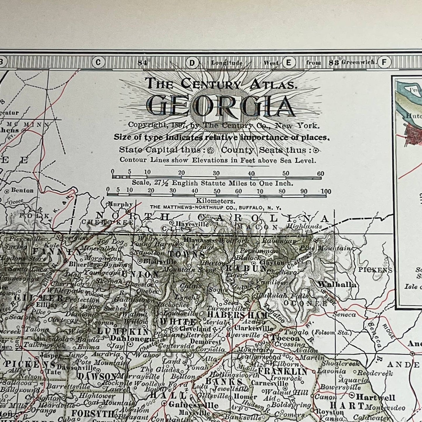 Antique 1897 The Century Atlas Map of Georgia USA Color Engraved 12.5 x 17” FL5