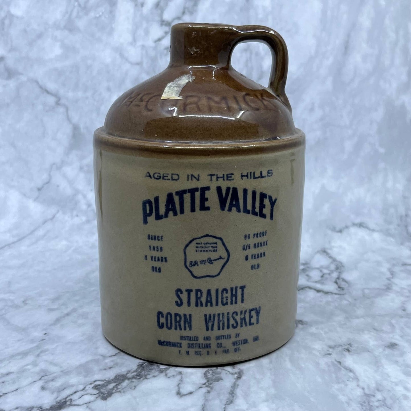 1960s McCormick Platte Valley Whiskey Bottle Ceramic Stoneware Pint Jug 6.5" TJ8
