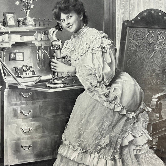 1908 Photo Print Victorian Lady Using Candlestick Phone F.A. Schneider ~9x11 FL5