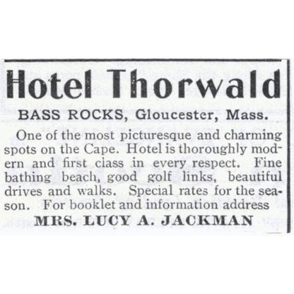 Hotel Thorwald Bass Rocks Gloucester MA Lucy A. Jackman 1903 Original Ad TJ7-S9