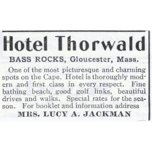 Hotel Thorwald Bass Rocks Gloucester MA Lucy A. Jackman 1903 Original Ad TJ7-S9