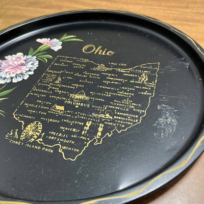 Vintage Black & Gold Metal State Souvenir Plate Tray Ohio Hand Painted 11” TG7