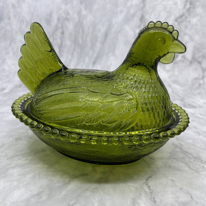 Vintage Nesting Hen Green Avocado Indiana Glass Hen on Nest Candy Dish ~7x5" TE2