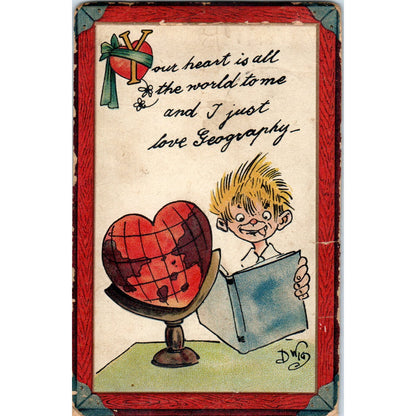 Valentine's Geography Dwig Cartoon 1913 Original Postcard P1-13