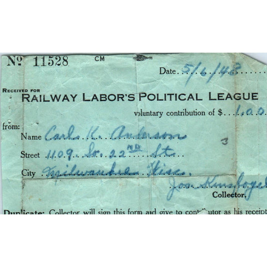 1948 Railway Labor's Political League Contribution Receipt SE5