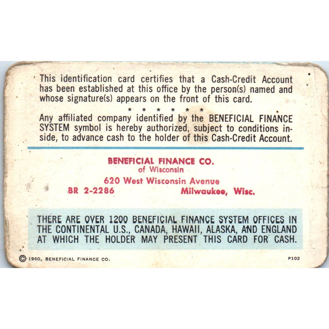 1961 Beneficial Finance System Cash Credit Account Card Milwaukee Obsolete SE5