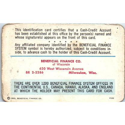 1961 Beneficial Finance System Cash Credit Account Card Milwaukee Obsolete SE5