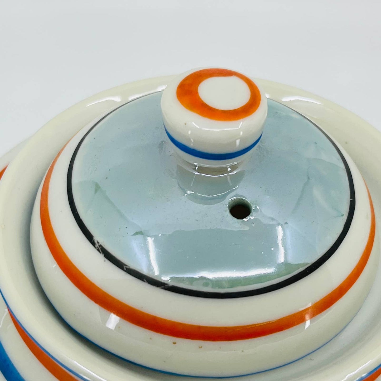 Vintage RARE Japanese Iridescent Opal Lustre Ware Blue Stripe Teapot 6x9 TC2