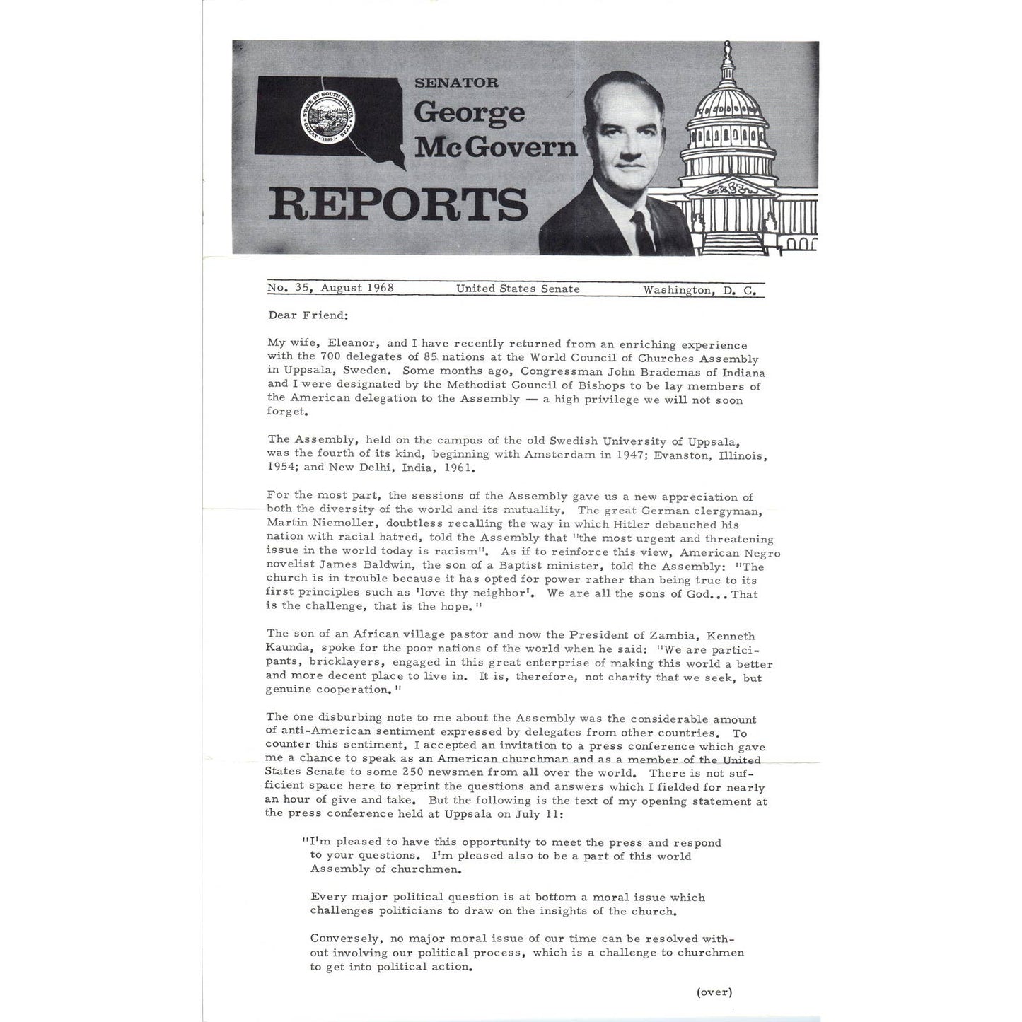 Senator George McGovern Reports Newsletter Aug 1968 Original TK1-P7