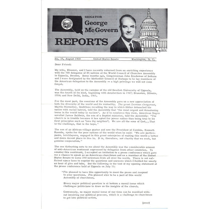 Senator George McGovern Reports Newsletter Aug 1968 Original B16