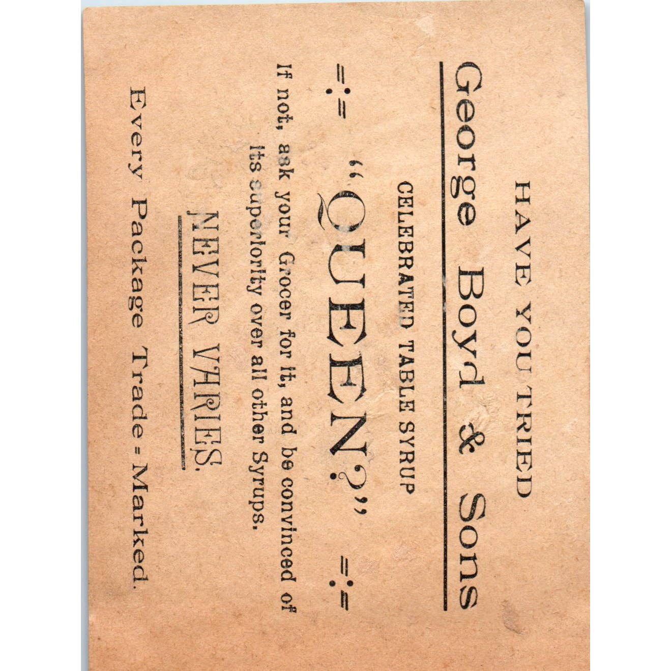 1880s Victorian Trade Card George Boyd & Sons Celebrated Table Syrup SE8