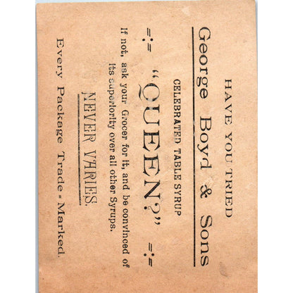 1880s Victorian Trade Card George Boyd & Sons Celebrated Table Syrup SE8