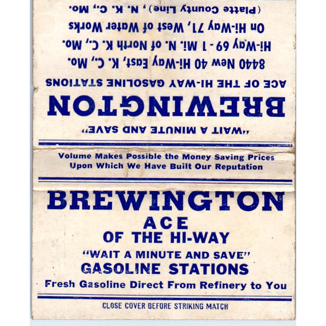 Brewington Gasoline Stations Kansas City Wide Advertising Matchbook Cover SA6-M7