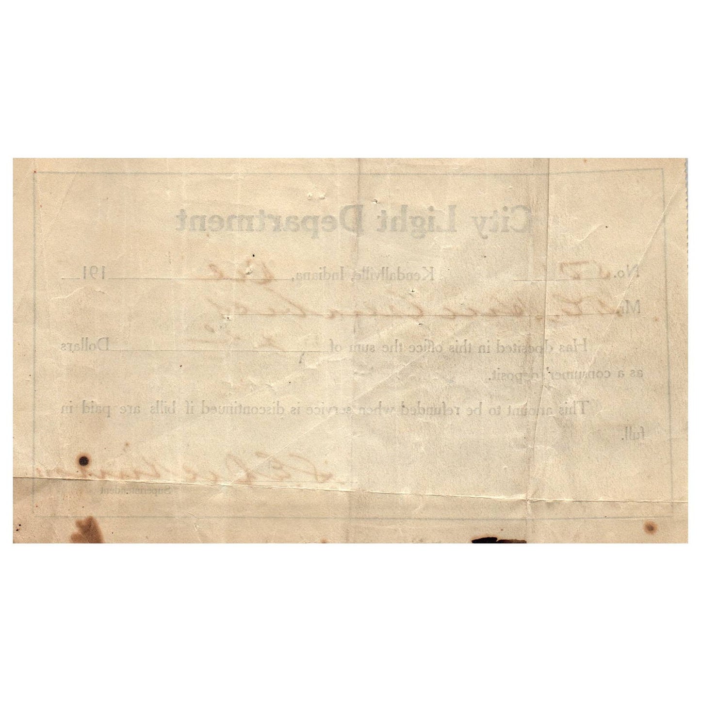 1910 City Light Department Kendallville IN Payment Receipt AD8
