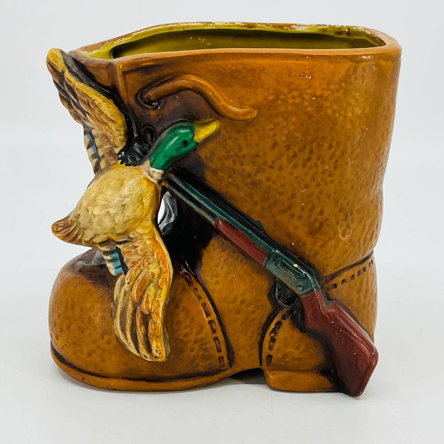 Mallard Duck Boot Rifle Figural Hunting Planter Hand Painted Ceramic 5” TC1