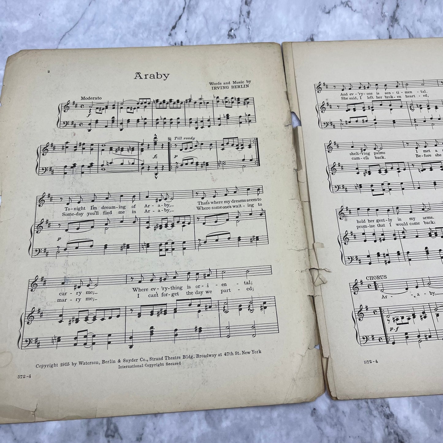 Sheet Music Araby Vocal Irving Berlin Renie Davies 1915 Abarbelle WW1 Song V42-4