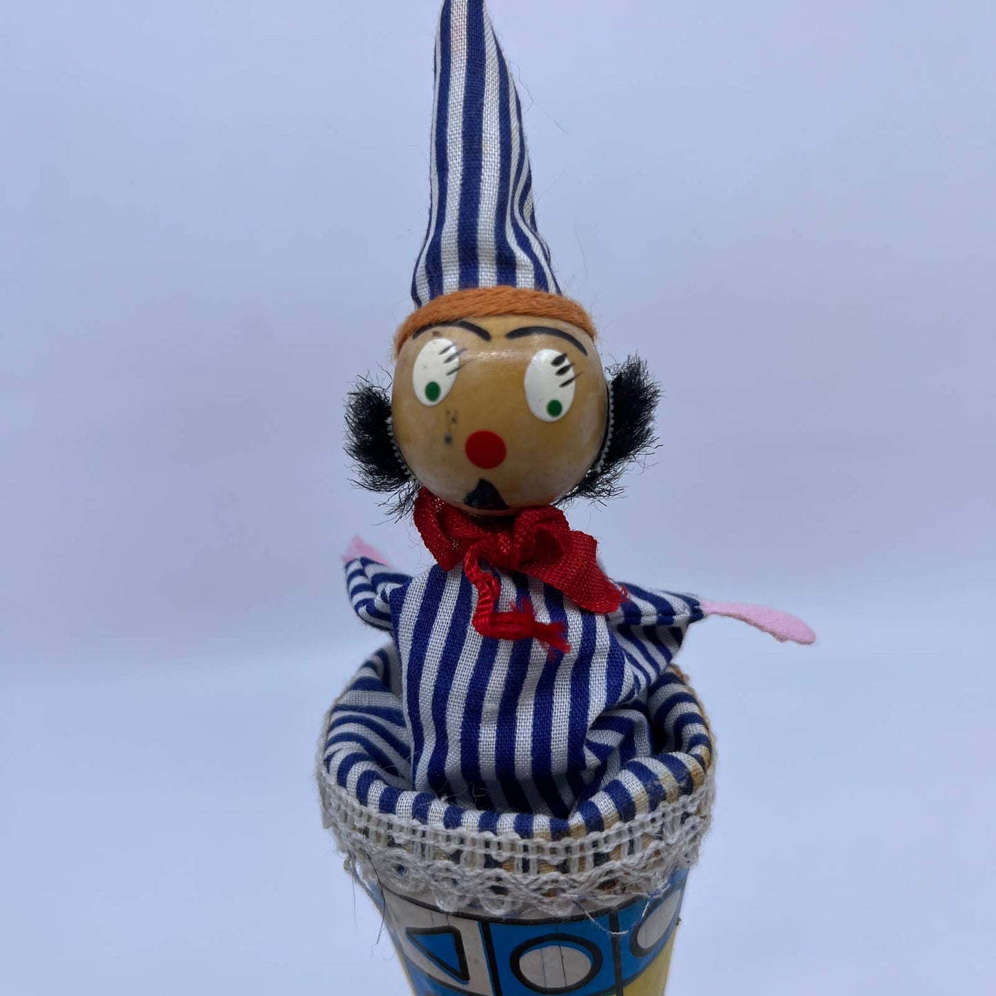 Vintage Wood Cone Puppet Blue & White Pop Up Peek A Boo Handmade TH6