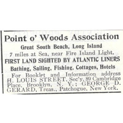 Point O' Woods Association Long Island George D. Gerard 1903 Original Ad TJ8-7-6
