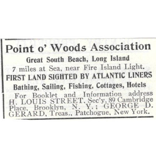 Point O' Woods Association Long Island George D. Gerard 1903 Original Ad TJ8-7-6