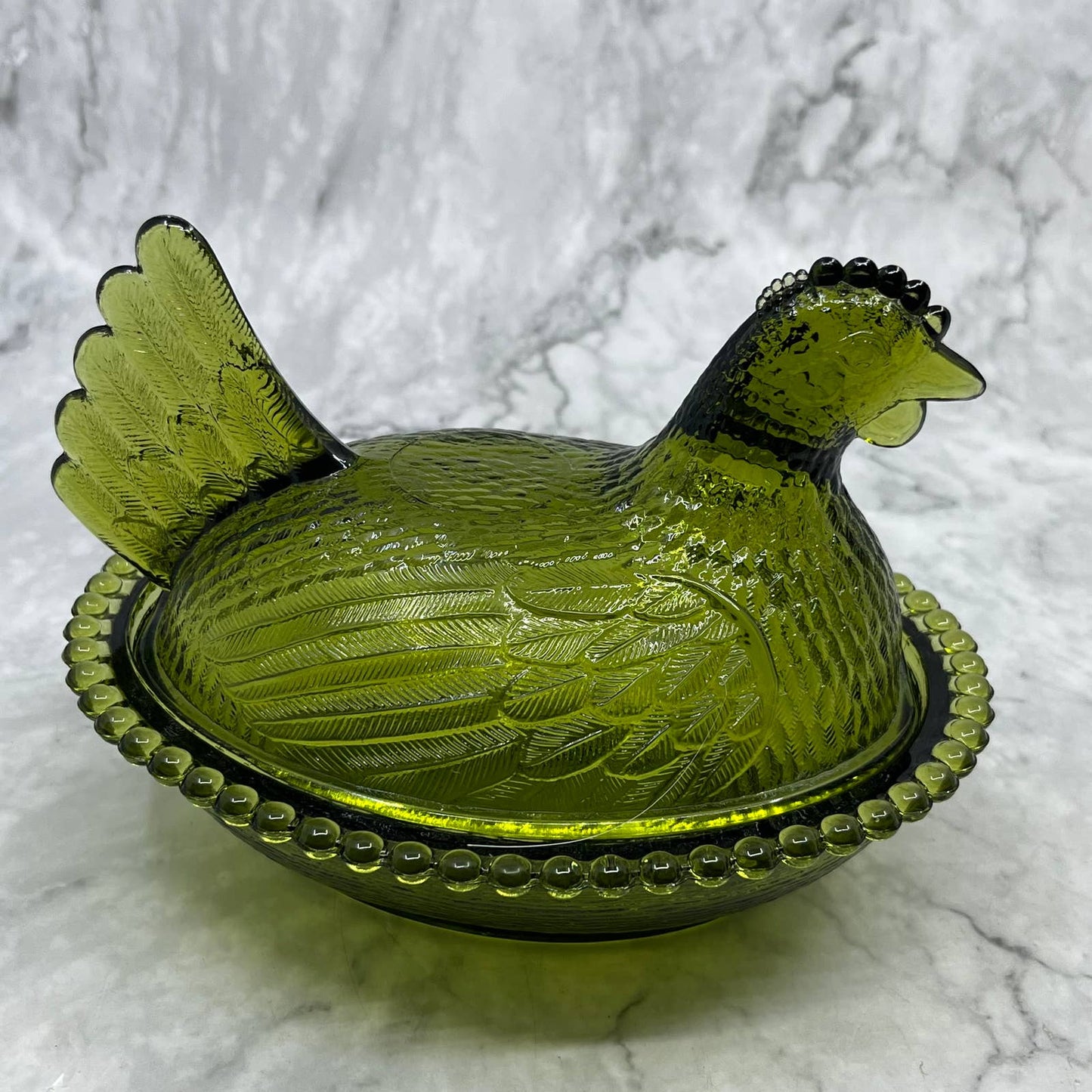 Vintage Nesting Hen Green Avocado Indiana Glass Hen on Nest Candy Dish ~7x5" TF6