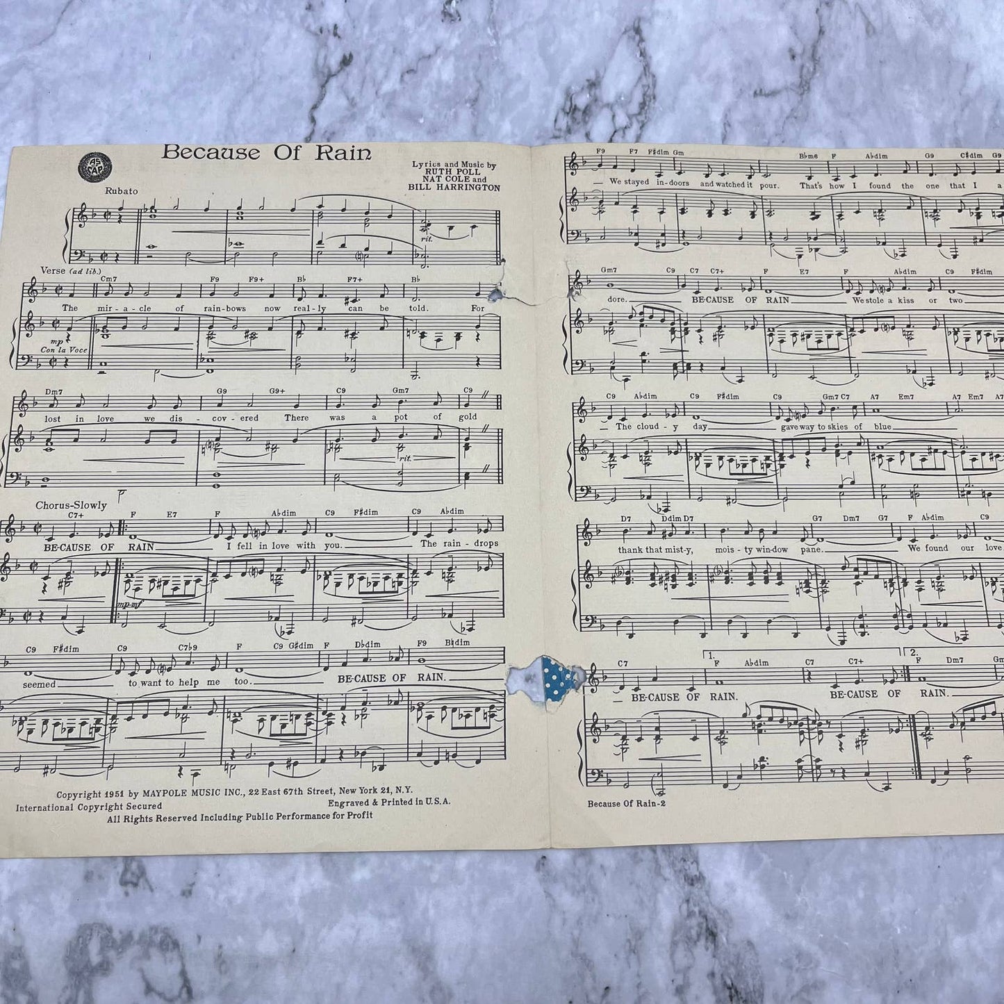 1950 NAT ‘KING’ COLE (co-writer) sheet music BECAUSE OF RAIN TH1