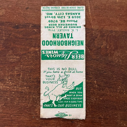 Neighborhood Tavern L.K. Bailey Kansas City Advertising Matchbook Cover SB3-M5