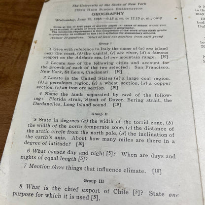 1918 University of the State of New York NYU 219th High School Geography Test A7