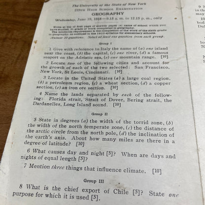 1918 University of the State of New York NYU 219th High School Geography Test A7