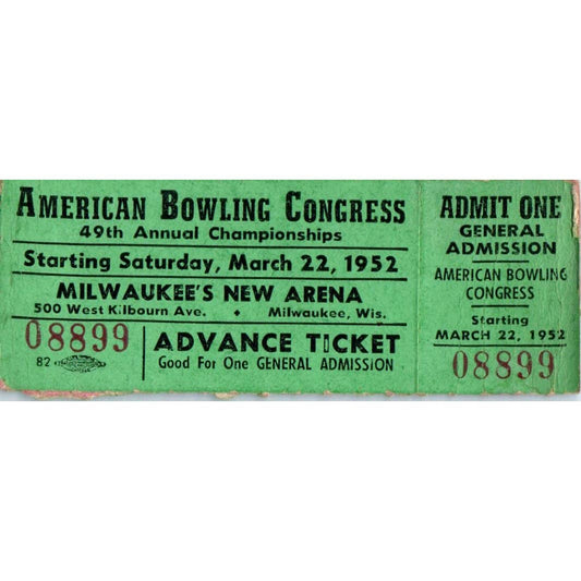 1952 American Bowling Congress Milwaukee 49th Championships Ticket Stub SE5