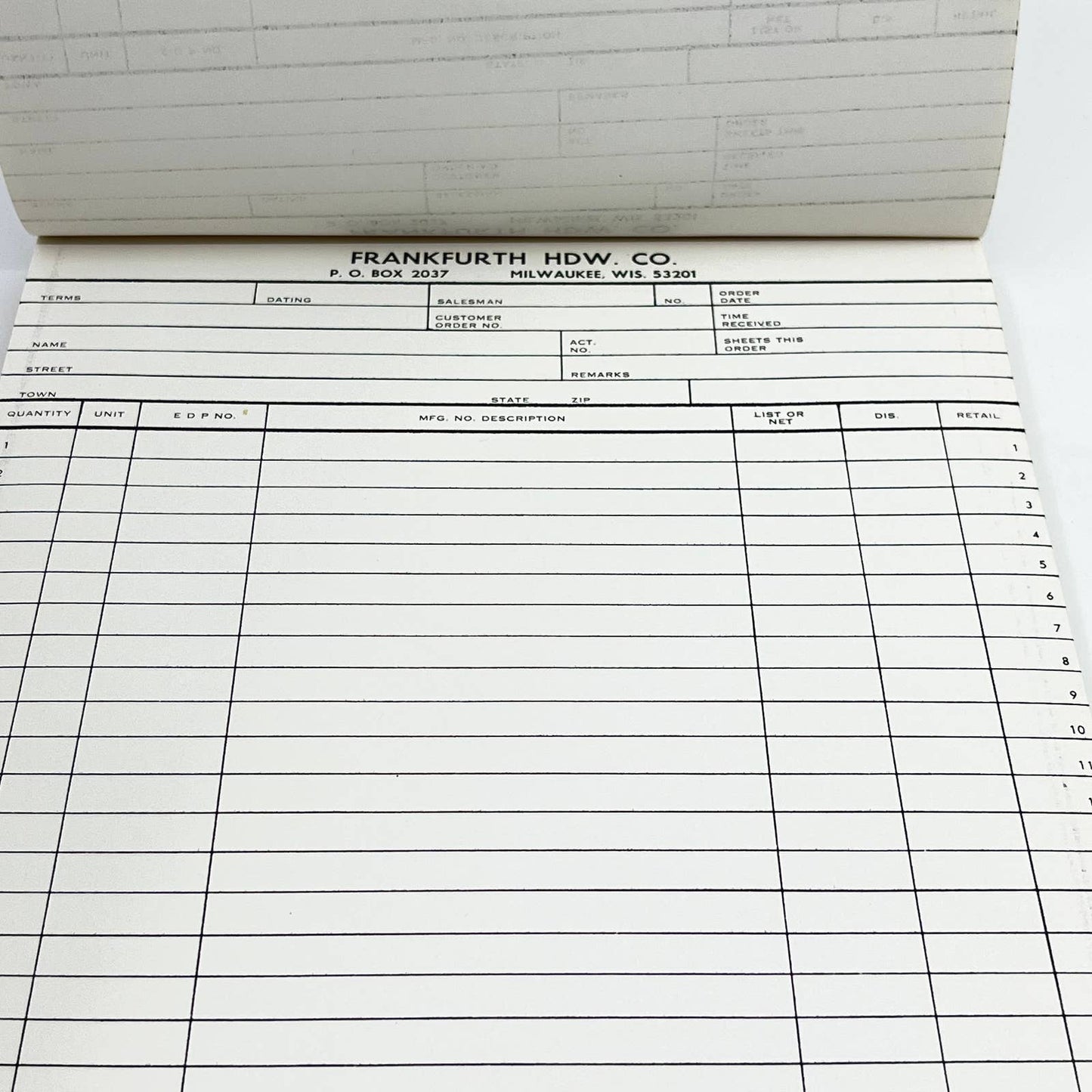 1960s Frankfurth Hardware Co. Milwaukee WI Blank Order Form Tablet TF9-1