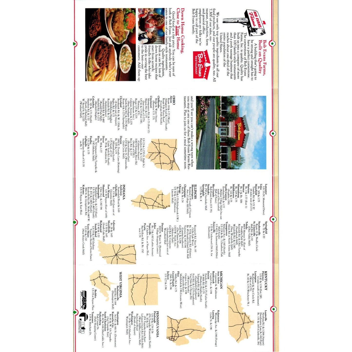 1984 Bob Evans Farms Restaurant Fold Out Map and Brochure AD7