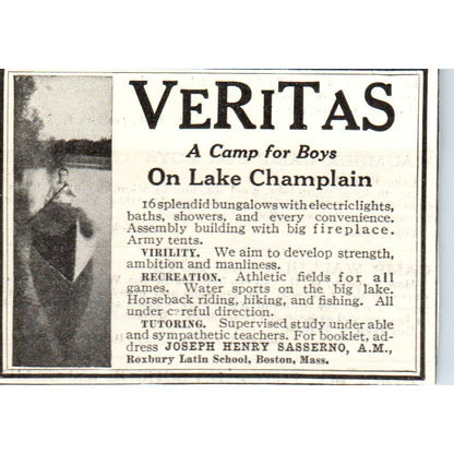 c1920 Harper's Ad - Veritas Camp for Boys Lake Champlain Jos. Henry Sasserno EA3