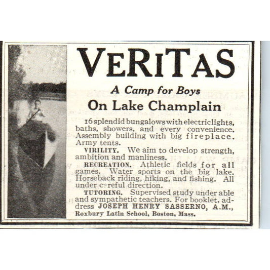 c1920 Harper's Ad - Veritas Camp for Boys Lake Champlain Jos. Henry Sasserno EA3