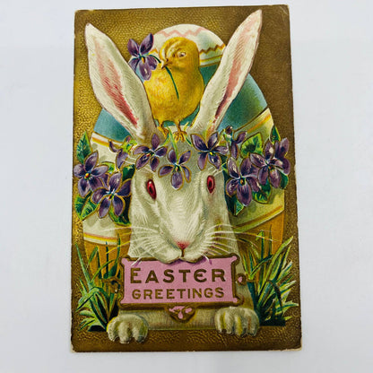 1910s Easter Post Card Embossed Chick Bunny Rabbit Violets Dresden Egg PA5