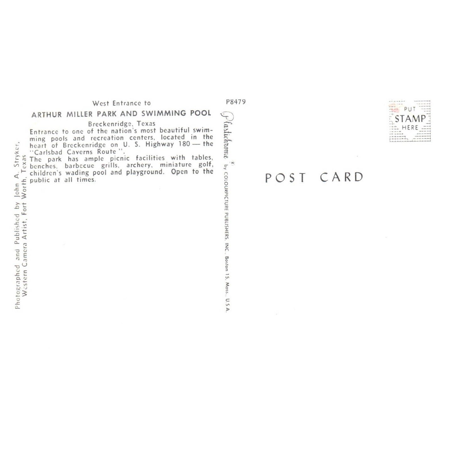 Vintage Postcard - Arthur Miller Park and Swimming Pool Breckenridge Texas AD9