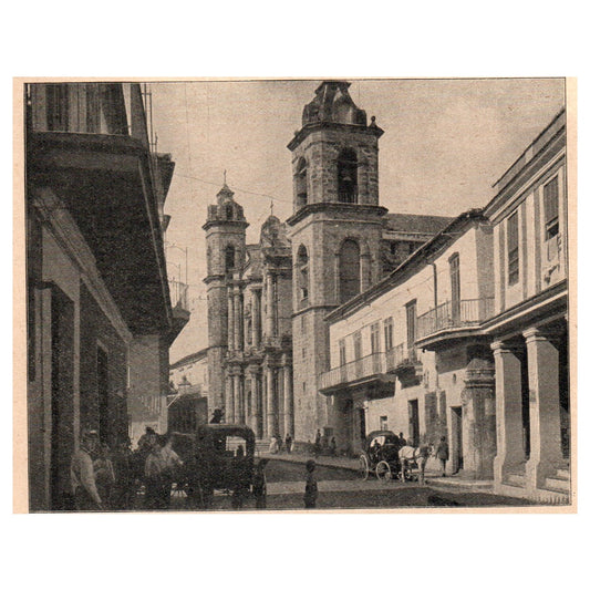 Street in Havana Side View of Cathedral 5x4" Original Engraving 1899 AK5-H6