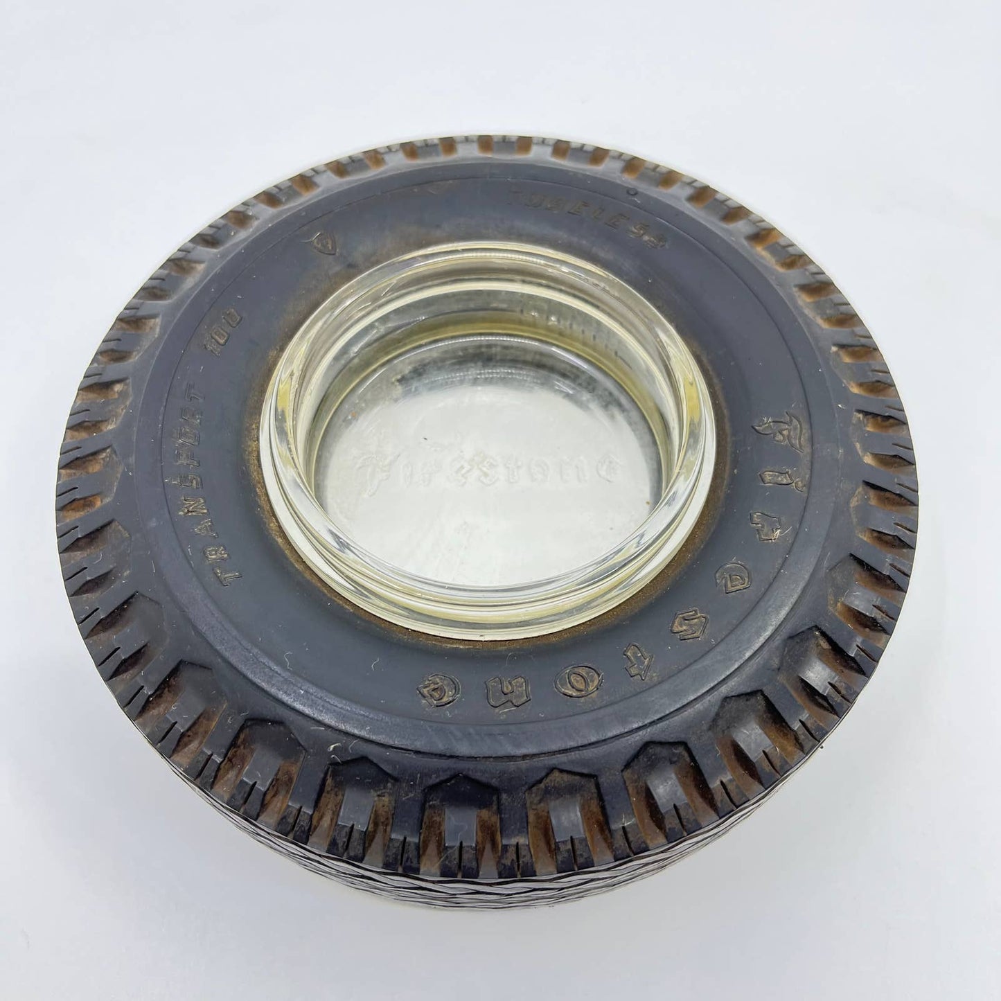 Firestone Transport 100 Tubeless Tire Glass Advertising Ashtray TE3