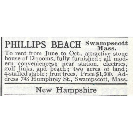 Phillips Beach Swampscott Massachusetts - 1903 Original Ad TJ8-7-1