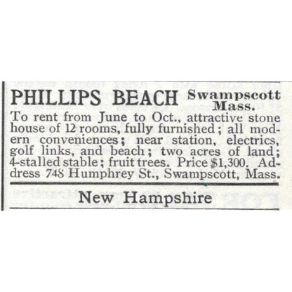 Phillips Beach Swampscott Massachusetts - 1903 Original Ad AK5-S35