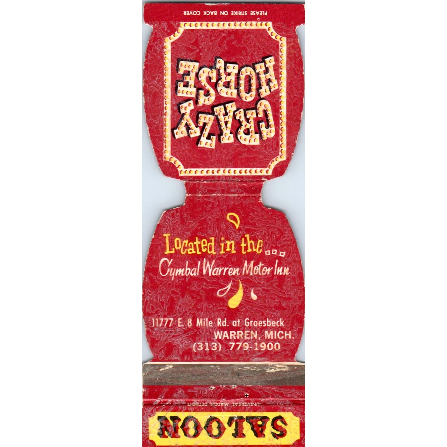 1960s Crazy Horse Saloon Warren MI Die Cut Advertising Matchbook Cover MM9-10