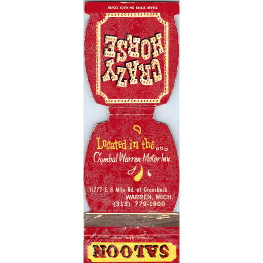 1960s Crazy Horse Saloon Warren MI Die Cut Advertising Matchbook Cover MM9-10