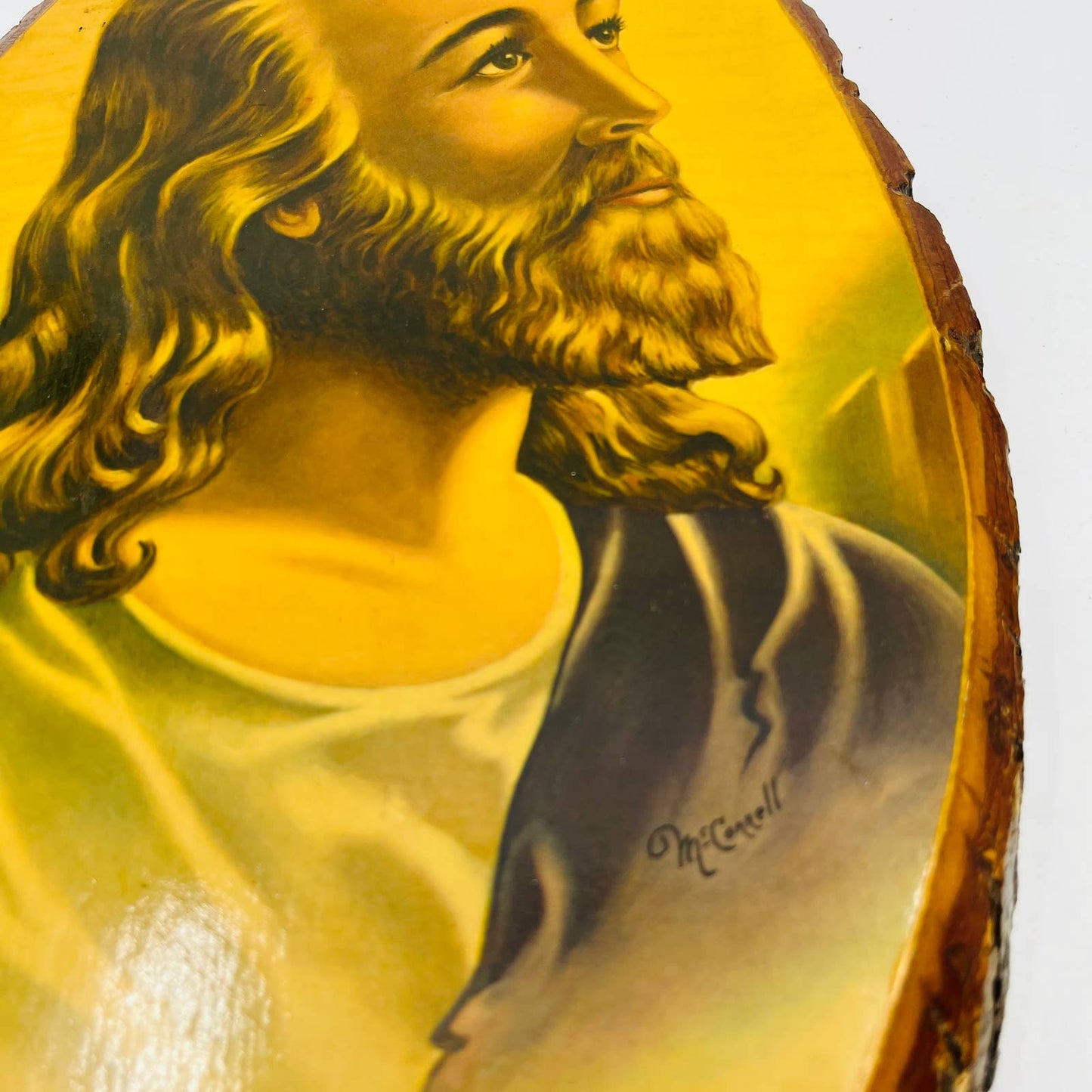 1942 Large Jesus Inspiration McConnell Découpage Live Edge Wood Plaque 9x16 TC3