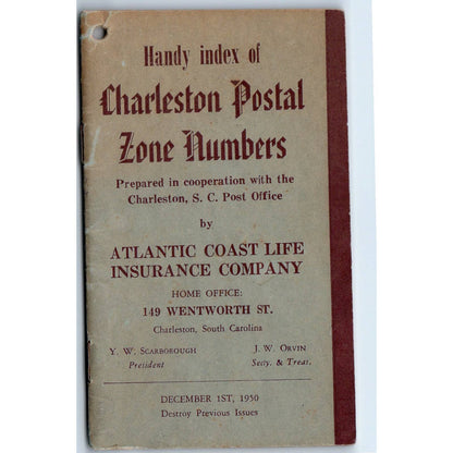 1950 Handy Index of Charleston SC Postal Zone Numbers Booklet SE5