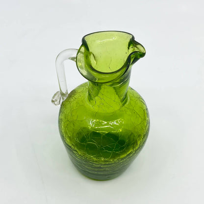 Vintage Pilgrim Crackle Glass Pitcher Avocado Green 5" Hand Blown TE3
