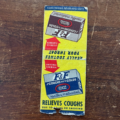 F&F Cough Drops for Sore Throats Advertising Matchbook Cover MM11-7