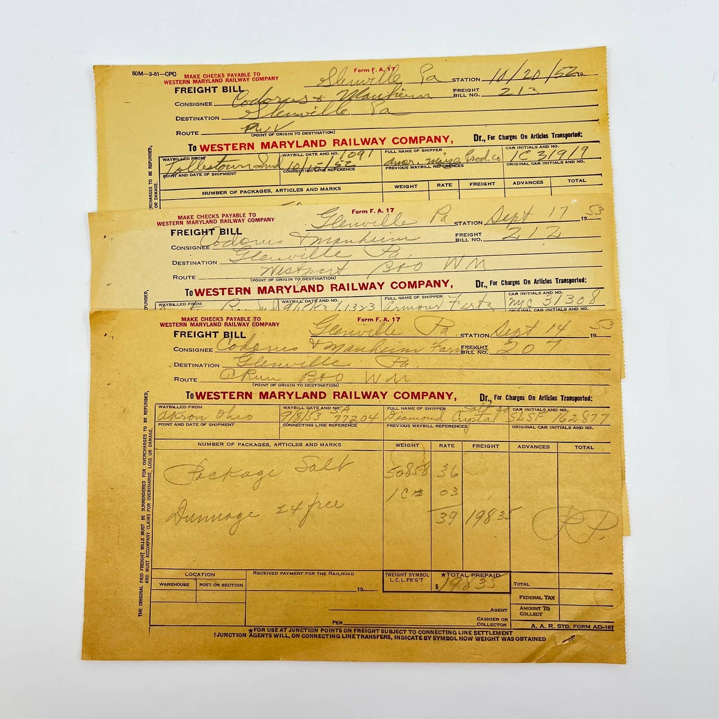 1952-53 Western Maryland Railway Company Bill of Freight Lot of 3 AA8