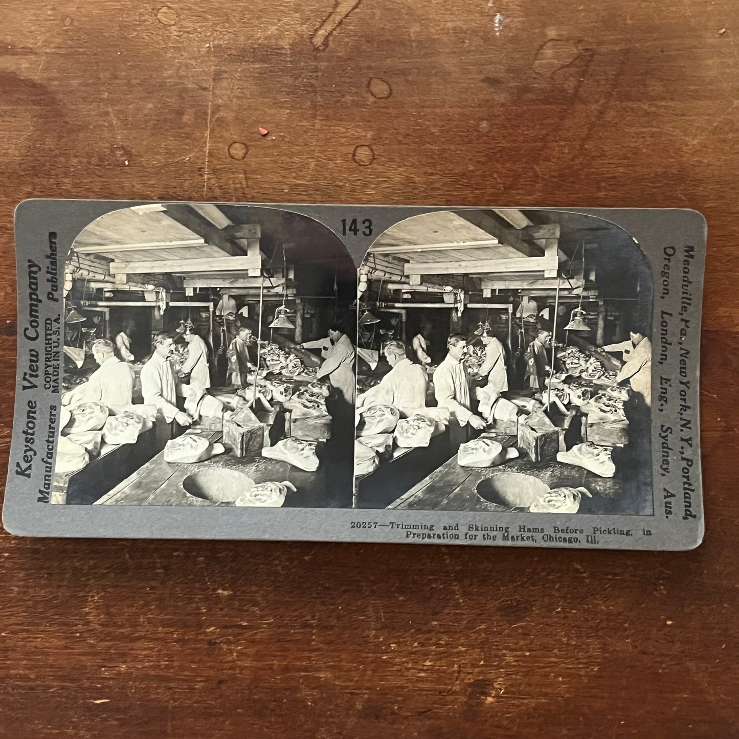 Trimming & Skinning Hams Meat Packing Chicago IL Antique Stereoview Card H2-2